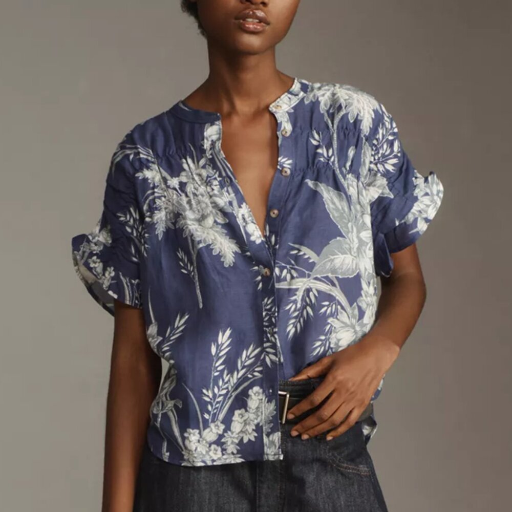 Anthropologie Pilcro Short-Sleeve Smocked Linen Buttondown Blouse Blue M - Picture 2 of 12
